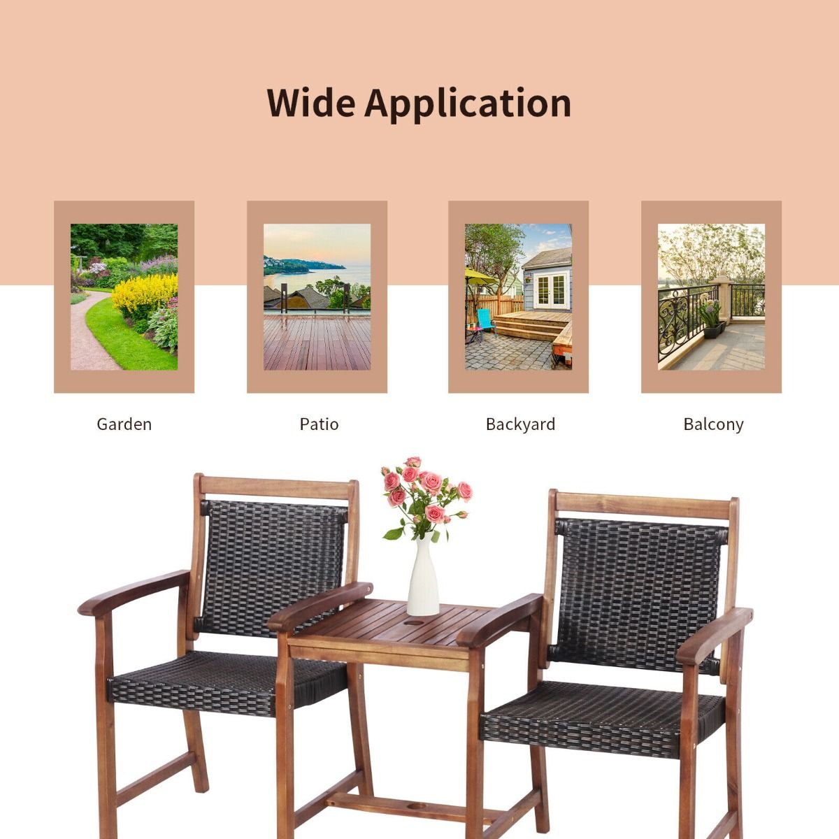 3 Pieces Wooden Furniture Set with Umbrella Hole for Outdoor